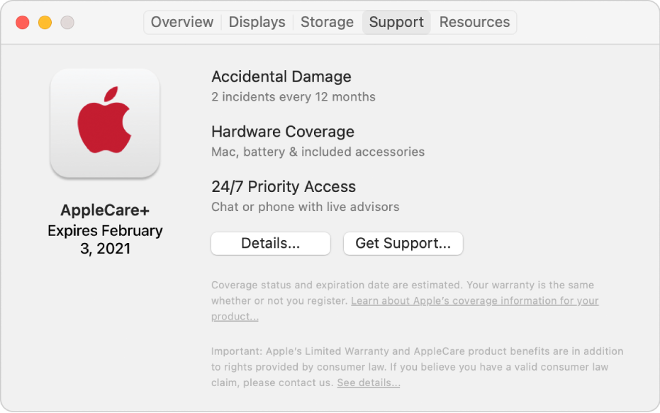 The Support pane in System Information. The pane shows the Mac is covered under AppleCare+. The Details and Get Support buttons are near the bottom.