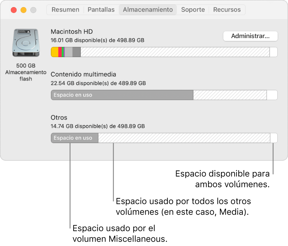 Una sola partición APFS (contenedor) con dos volúmenes.