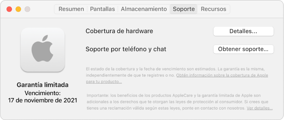 El panel Soporte en Información del Sistema. El panel muestra que la Mac incluye cobertura de garantía limitada y la fecha de vigencia. Los botones Detalles y “Obtener soporte” están a la derecha.