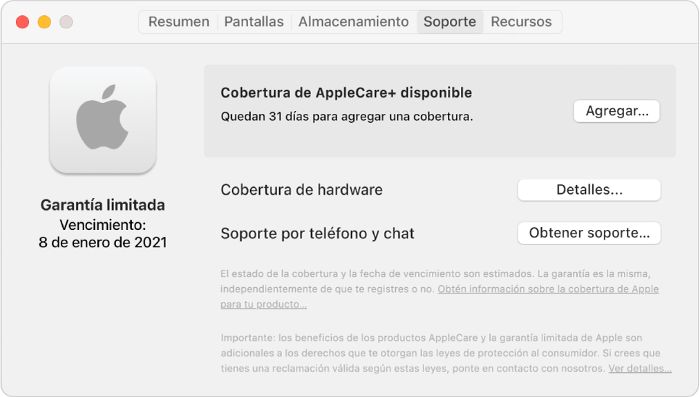 El panel Soporte en Información del Sistema. El panel muestra que la Mac incluye cobertura de garantía limitada y puede optar por AppleCare+. Los botones Agregar, Detalles y “Obtener soporte” están a la derecha.