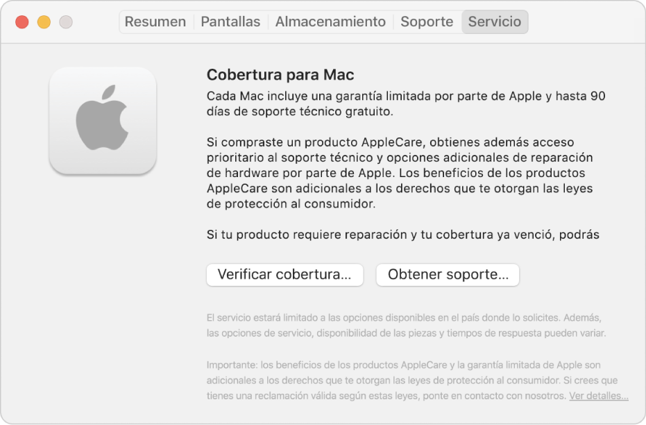 El panel Soporte en Información del Sistema. El panel muestra información acerca de la cobertura de soporte técnico de la Mac. Los botones “Verificar cobertura” y “Obtener soporte” están cerca de la parte inferior.