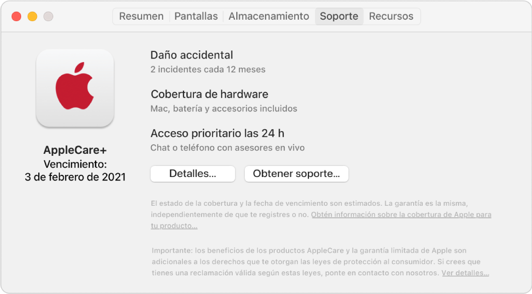 El panel Soporte en Información del Sistema. El panel muestra que la Mac tiene cobertura de AppleCare+. Los botones Detalles y “Obtener soporte” están cerca de la parte inferior.