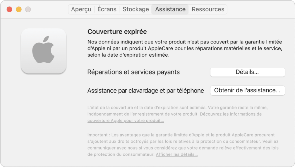 Le sous-fenêtre Assistance dans Informations système. Le sous-fenêtre indique que le Mac n’est plus couvert par une garantie limitée. Les boutons Détails et Obtenir de I’assistance se trouvent à droite.