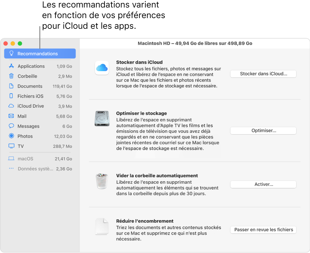 Recommandations en matière d’optimisation de stockage dans la sous-fenêtre Stockage.