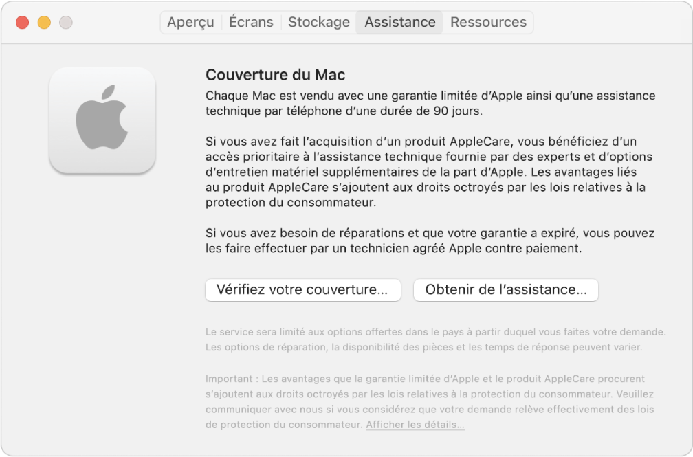 Le sous-fenêtre Assistance dans Informations système. Le sous-fenêtre affiche des informations sur la couverture de l’assistance technique Mac. Les boutons Vérifier votre couverture et Obtenir de I’assistance se situent vers le bas.