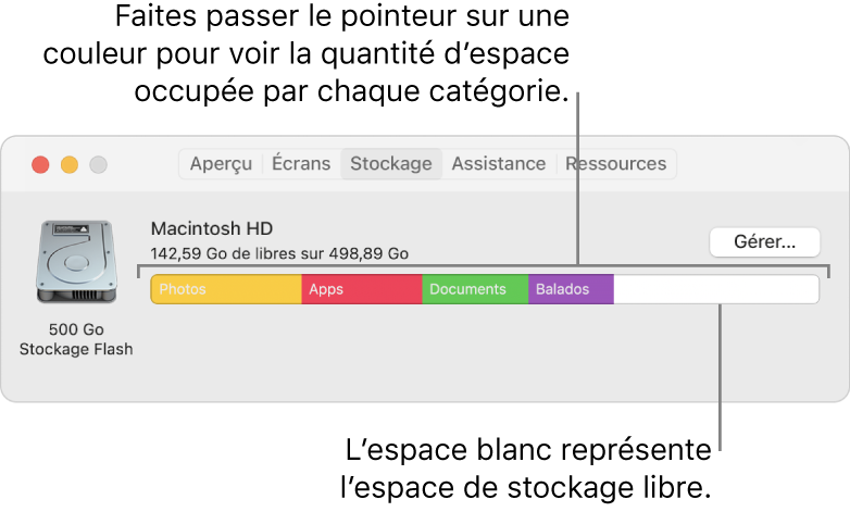 Déplacez le pointeur sur une couleur pour voir la quantité d’espace que chaque catégorie utilise. L’espace blanc représente l’espace de stockage disponible.