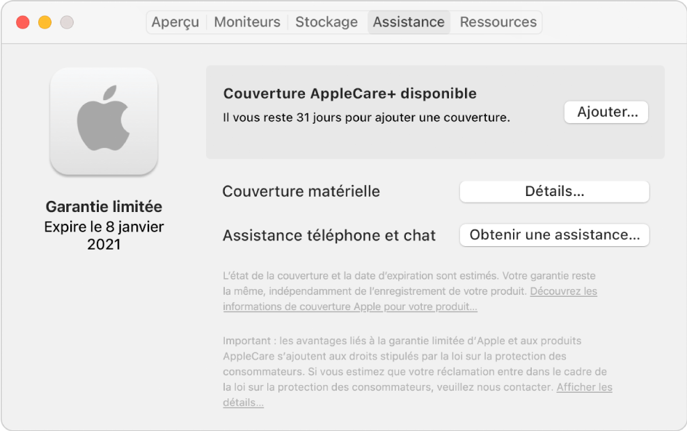 Sous-fenêtre Assistance dans Informations système. La sous-fenêtre indique que le Mac est couvert par une garantie limitée et qu’il est éligible à la couverture AppleCare+. Les boutons Ajouter, Détails et Obtenir de l’assistance sont à droite.