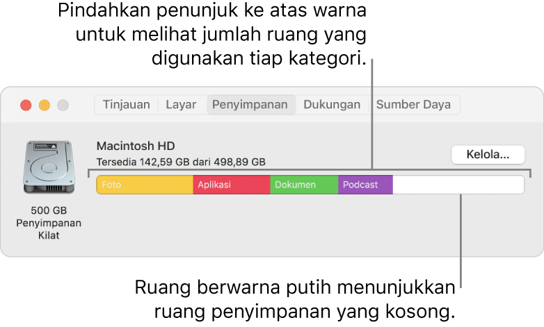 Pindahkan penunjuk ke atas warna untuk melihat jumlah ruang yang digunakan oleh setiap kategori. Ruang putih menunjukkan ruang penyimpanan kosong.