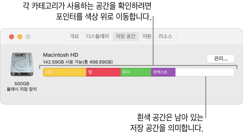 각 카테고리가 사용하는 공간의 크기를 확인하려면 포인터를 색상 위로 이동하십시오. 빈칸은 여유 저장 공간을 표시합니다.