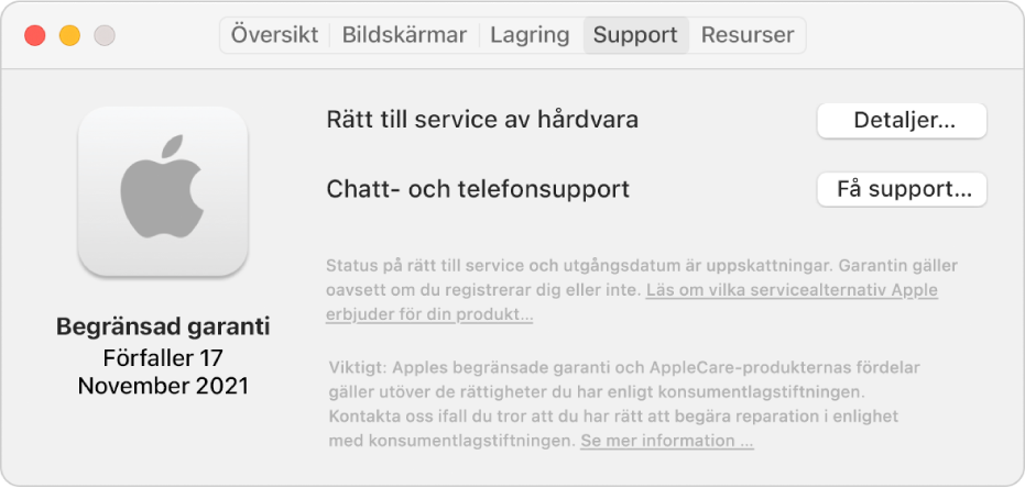 Panelen Support i Om den här datorn. På panelen står det att datorn täcks av en begränsad garanti och när garantin upphör. Knapparna Detaljer och Få support finns till höger.