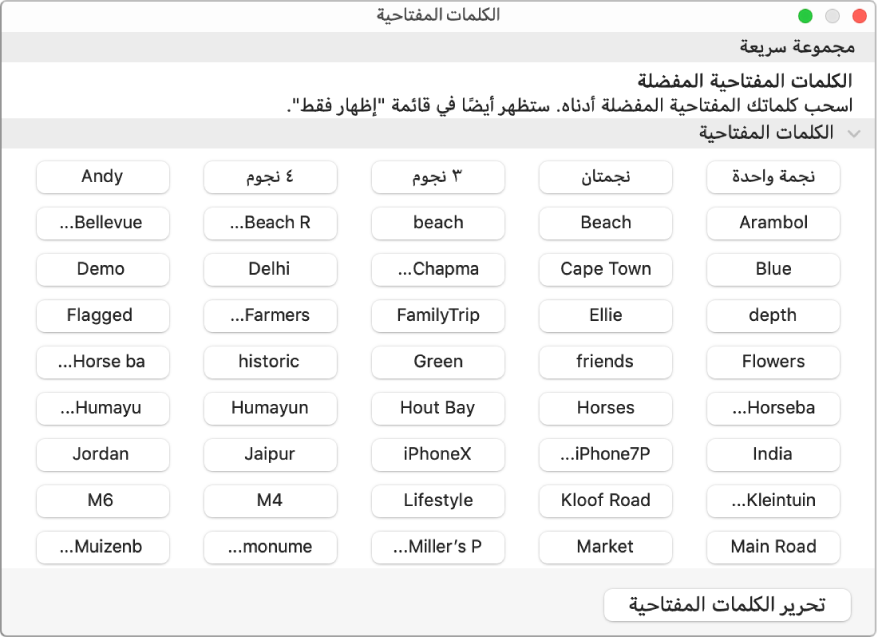 الكلمات المفتاحية في نافذة مدير الكلمات المفتاحية، مع وجود منطقة “مجموعة سريعة” في الأعلى والزر تحرير الكلمات المفتاحية في الزاوية السفلية اليمنى.