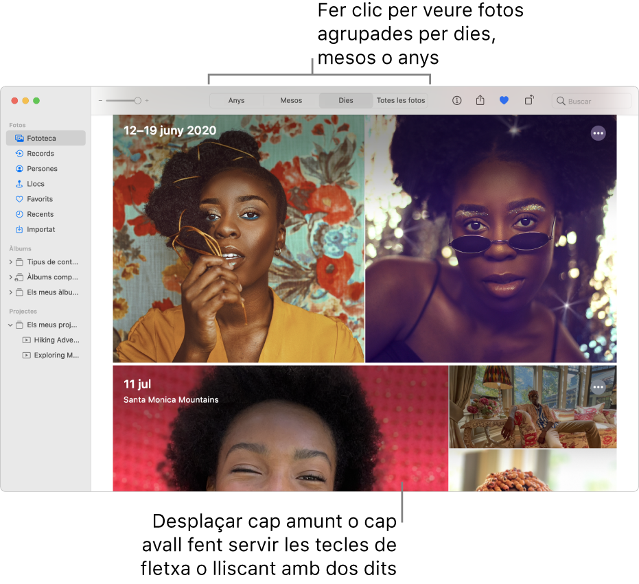 La finestra de l’app Fotos que mostra la vista Dies seleccionada a la barra d’eines i les fotos organitzades per data a la secció principal de la finestra.