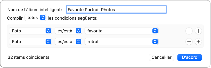 Quadre de diàleg que mostra els criteris d’un àlbum intel·ligent que recopila fotos fetes en mode Retrat que s’han marcat com a favorites.
