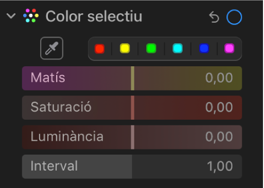 Els controls “Color selectiu” al tauler Ajustar amb els reguladors Matís, Saturació, Luminància i Interval.