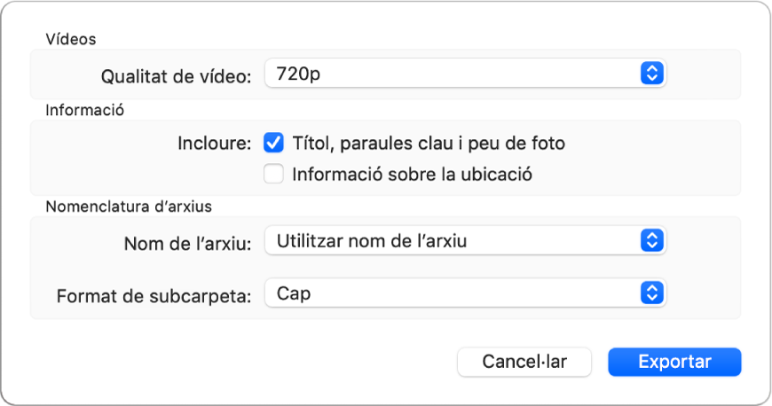 Un quadre de diàleg amb les opcions per exportar vídeos.