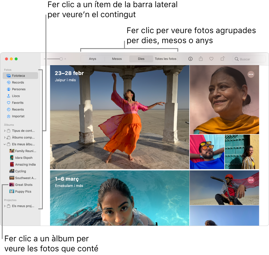 La finestra de l’app Fotos que mostra la vista Dies seleccionada a la barra d’eines i les fotos organitzades per interval de dates a la secció principal de la finestra.