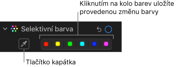 Ovládací prvky Selektivní barva na panelu Úpravy s tlačítkem Kapátko a koly barev