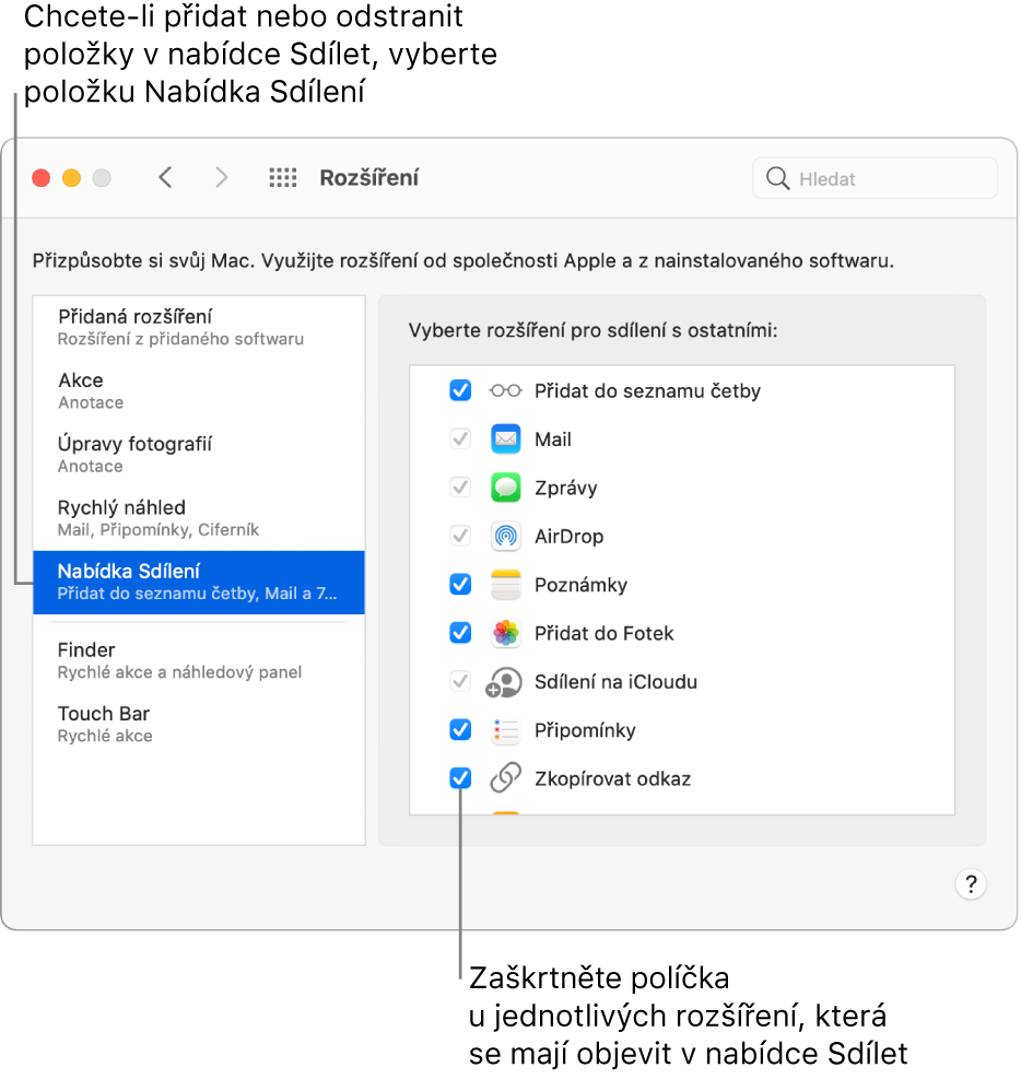 Panel Rozšíření v Předvolbách systému, na němž je napravo vidět zaškrtnuté políčko Nabídka sdílení a seznam rozšíření od nezávislých vývojářů