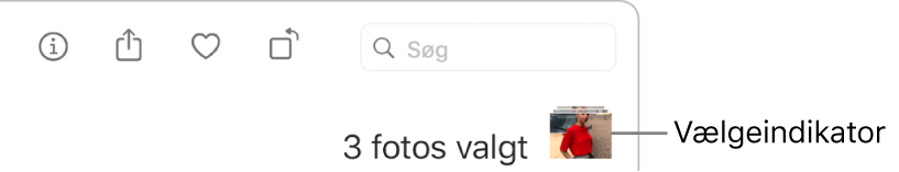 Valgindikator, der viser, at tre fotos er valgt.