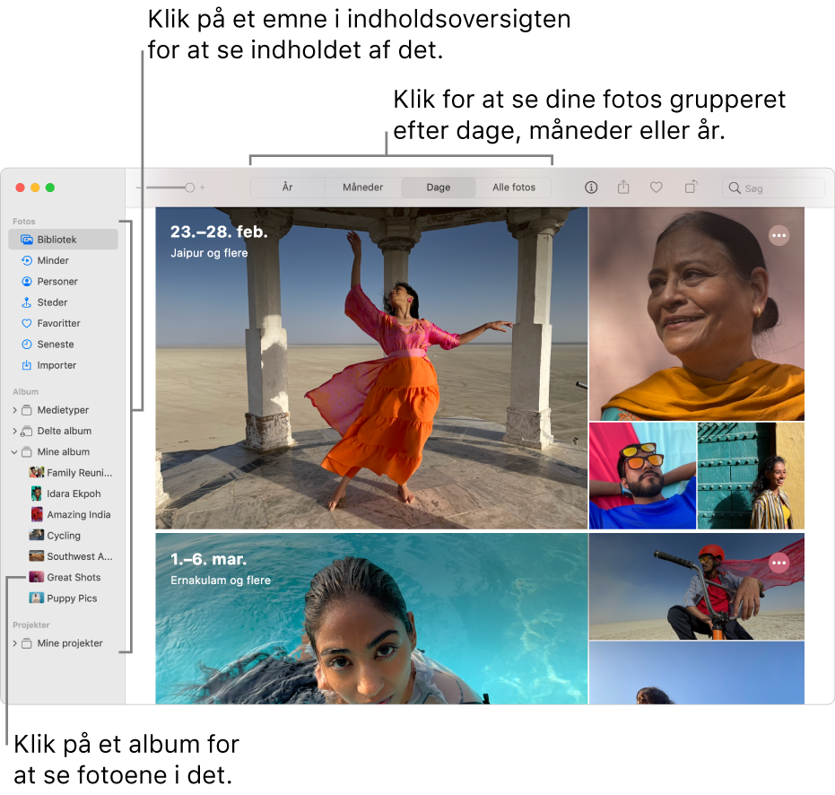 Vinduet Fotos, der viser Dage valgt på værktøjslinjen og fotos organiseret efter et datoudsnit i vinduets hovedområde.