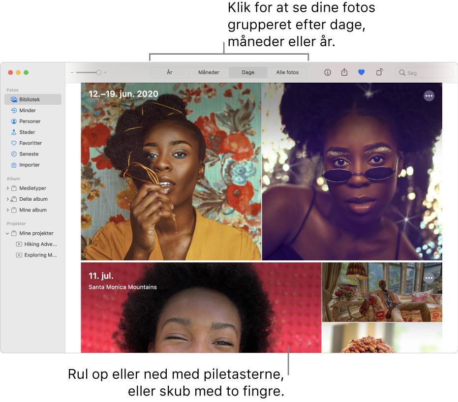 Vinduet Fotos, der viser Dage valgt på værktøjslinjen og fotos organiseret efter dato i vinduets hovedområde.