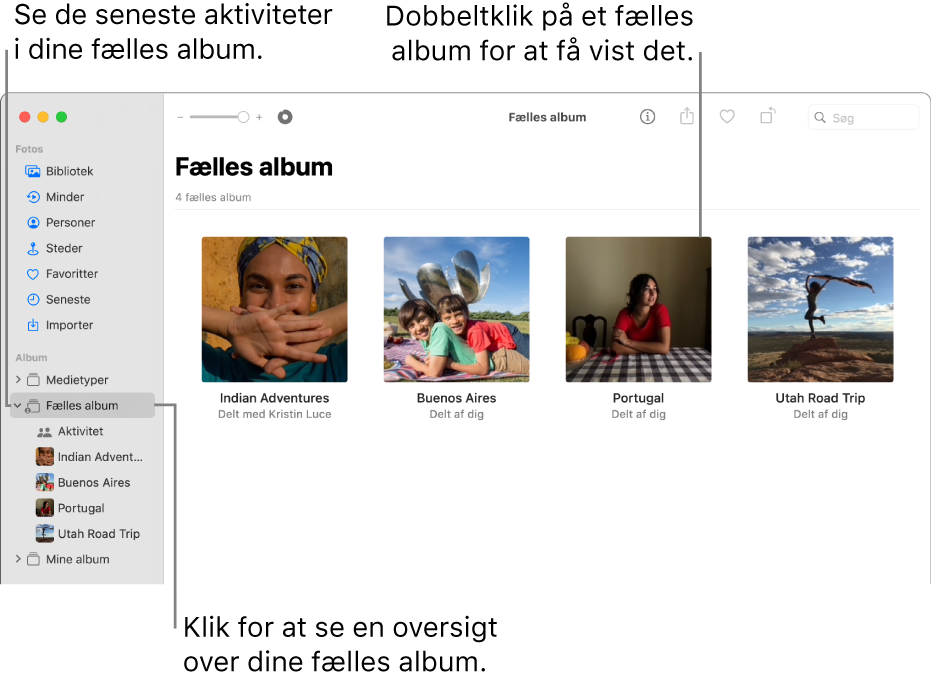 Fotos-vinduet, der viser Delte album valgt i indholdsoversigten og de delte album til højre.