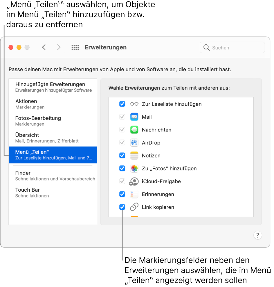 Der Bereich „Erweiterungen“ der Systemeinstellungen mit der ausgewählten Option „Menü 'Teilen'“ und einer Liste mit Erweiterungen von Fremdanbietern rechts.