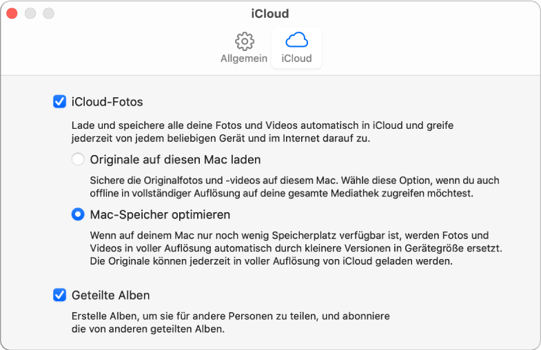 Bereich „iCloud“ der Einstellungen für die App „Fotos“.