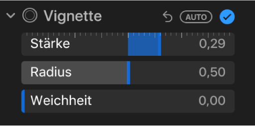 Die Steuerungen „Vignette“ im Bereich „Anpassen“ mit den Reglern „Stärke“, „Radius“ und „Weichheit“.