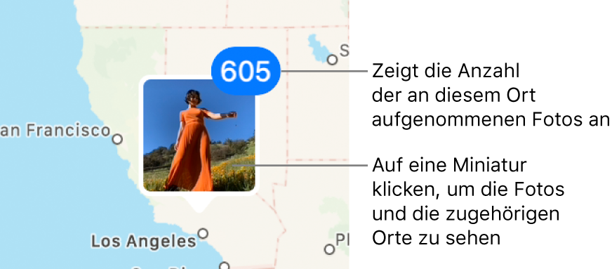 Eine Fotominiatur auf einer Karte mit einer Zahl rechts oben in der Ecke, die anzeigt, wie viele Fotos an diesem Standort aufgenommen wurden.