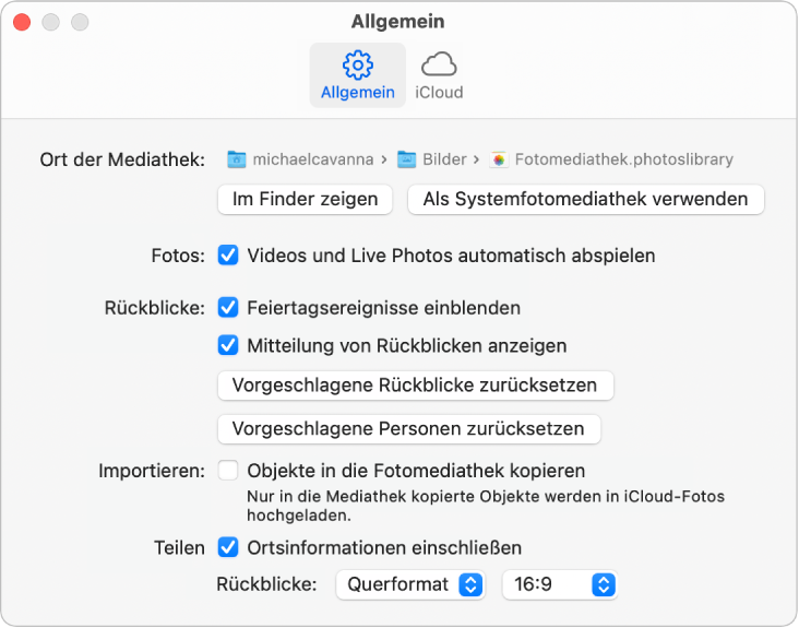 Bereich „Allgemein“ der Einstellungen für die App „Fotos“.