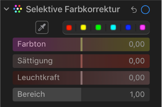 Die Steuerungen „Selektive Farbkorrektur“ im Bereich „Anpassen“ mit den Reglern für Farbton, Sättigung, Leuchtkraft und Bereich.