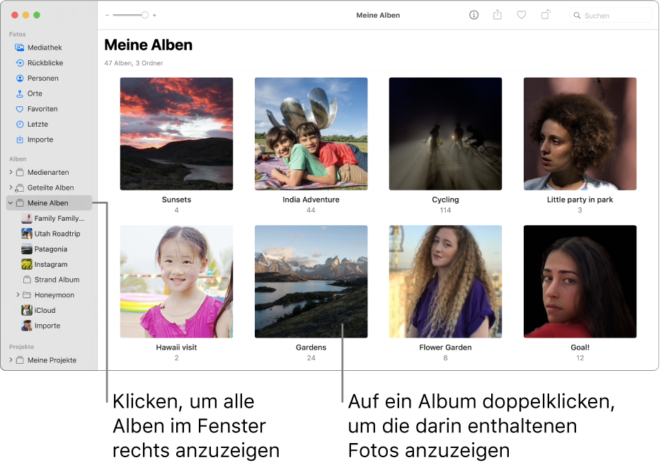 Das Fenster „Fotos“ mit ausgewähltem Ordner „Meine Alben“ in der Seitenleiste und den von dir erstellten Alben auf der rechten Fensterseite