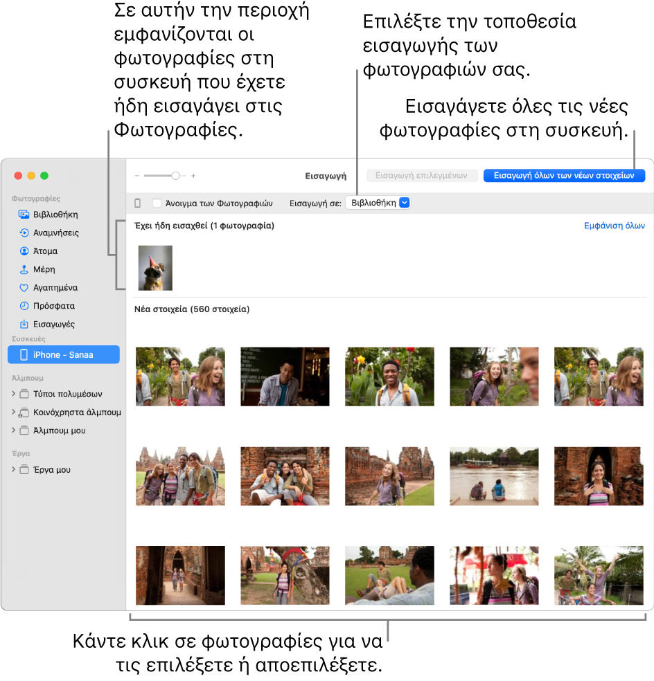 Οι φωτογραφίες στη συσκευή που έχουν ήδη εισαχθή εμφανίζονται στο πάνω μέρος του παραθύρου. Οι νέες φωτογραφίες εμφανίζονται στο κάτω μέρος. Στο πάνω κέντρο βρίσκεται το αναδυόμενο μενού «Εισαγωγή σε». Το κουμπί «Εισαγωγή όλων των νέων στοιχείων» βρίσκεται πάνω δεξιά.