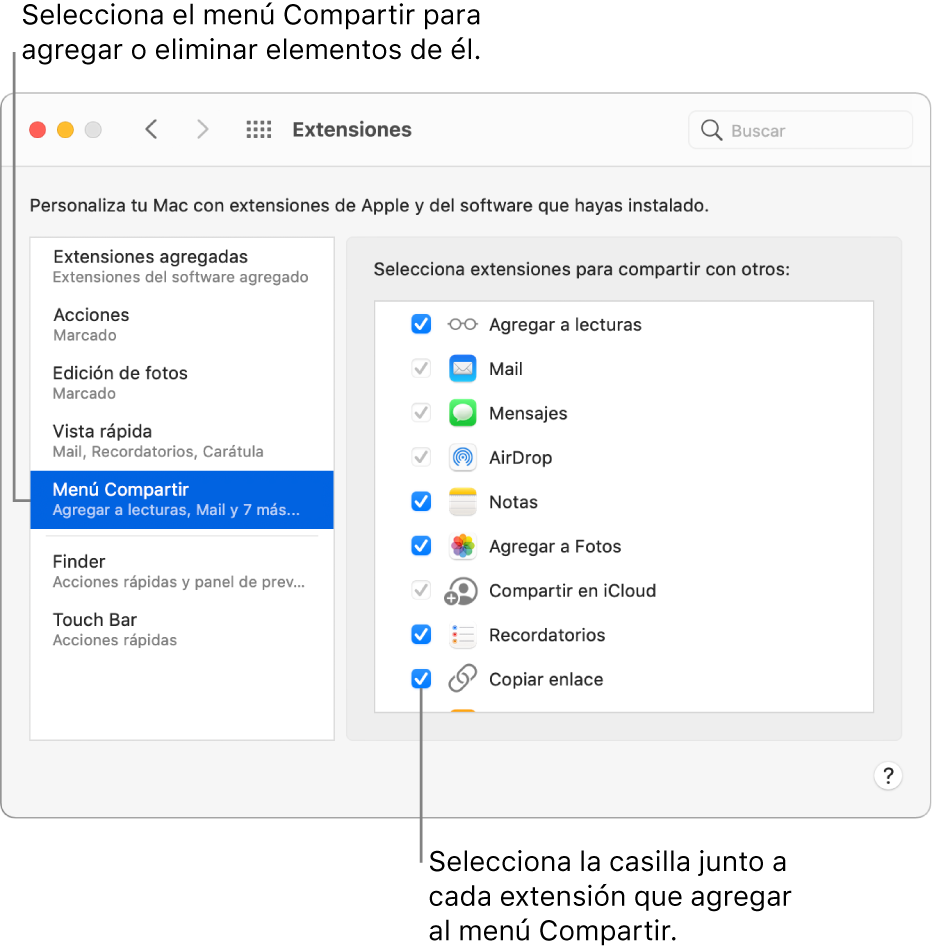El panel Extensiones de Preferencias del Sistema mostrando el menú Compartir seleccionado y una lista de extensiones de terceros a la derecha.
