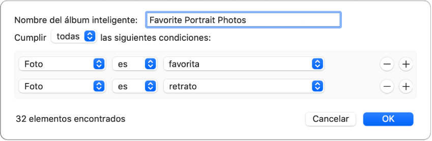Un diálogo mostrando los criterios de un álbum inteligente que recopila los retratos que se han marcado como favoritos.