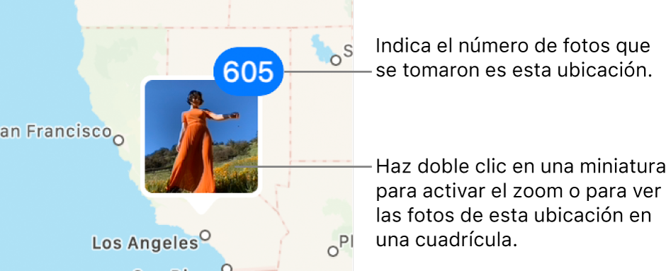 La miniatura de una foto en un mapa con un número en la esquina superior derecha que muestra el número de fotos tomadas en esa ubicación.