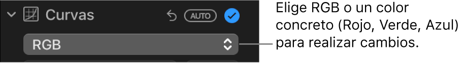 Los controles de Curvas en el panel Ajustar, que muestra RGB seleccionado en el menú desplegable.