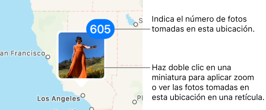 Una miniatura de una foto en un mapa con un número en la esquina superior derecha que indica el número de fotos que se han tomado en esa ubicación.