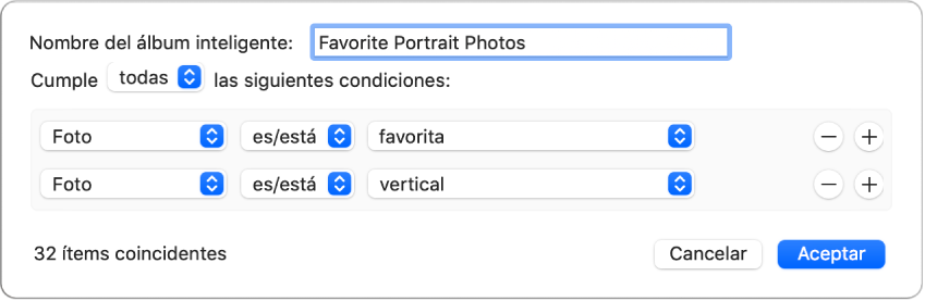 Un cuadro de diálogo que muestra los criterios de un álbum inteligente, que incluye los retratos marcados como favoritos.