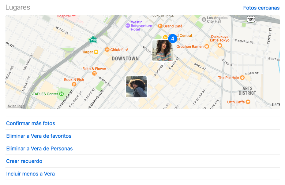 Mapa con miniaturas que muestran las ubicaciones en las que se tomaron las fotos de una persona y, debajo, una serie de comandos para cambiar los ajustes de Personas.