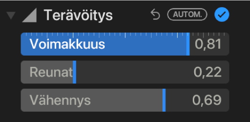 Säädöt-osion Terävöitys-säätimet, joissa on voimakkuus-, reunat- ja vähennys-liukusäätimet näkyvissä.