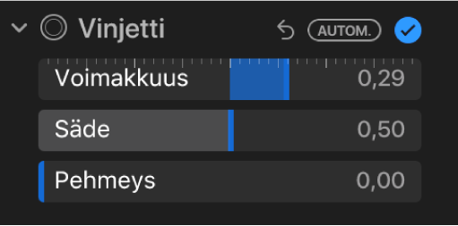 Säädöt-osion Vinjetti-säätimet, joissa on voimakkuus-, säde- ja pehmeys-liukusäätimet näkyvissä.