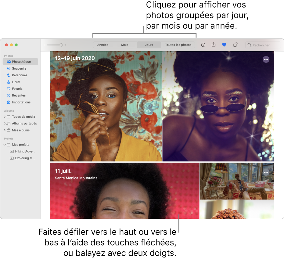La fenêtre Photos affichant Jours sélectionné dans la barre d’outils et les photos organisées par date apparaissant dans la zone principale de la fenêtre.