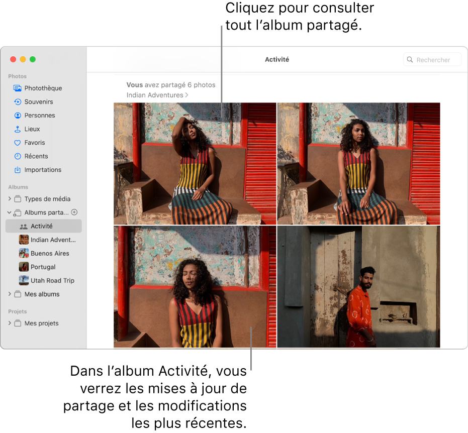 La fenêtre Photos affichant Activité sélectionné dans la barre latérale et l’album Activité affiché sur la droite.
