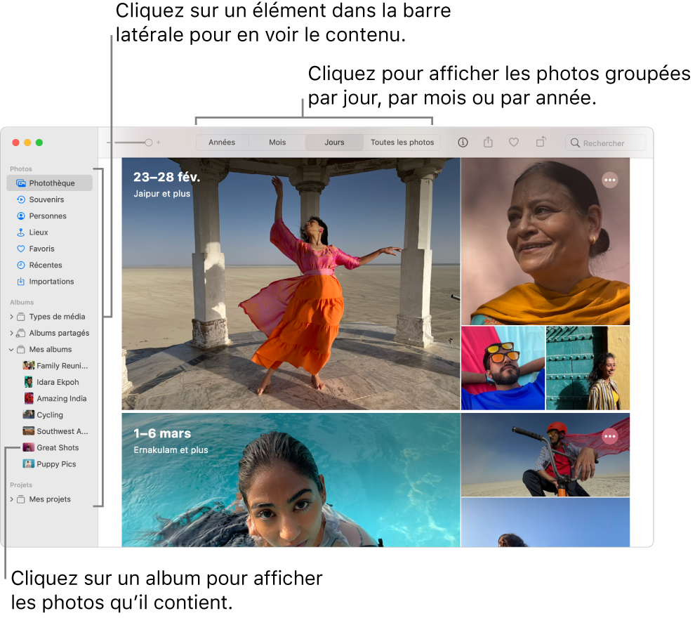 La fenêtre Photos affichant Jours sélectionné dans la barre d’outils et les photos organisées par intervalle de dates apparaissant dans la zone principale de la fenêtre.