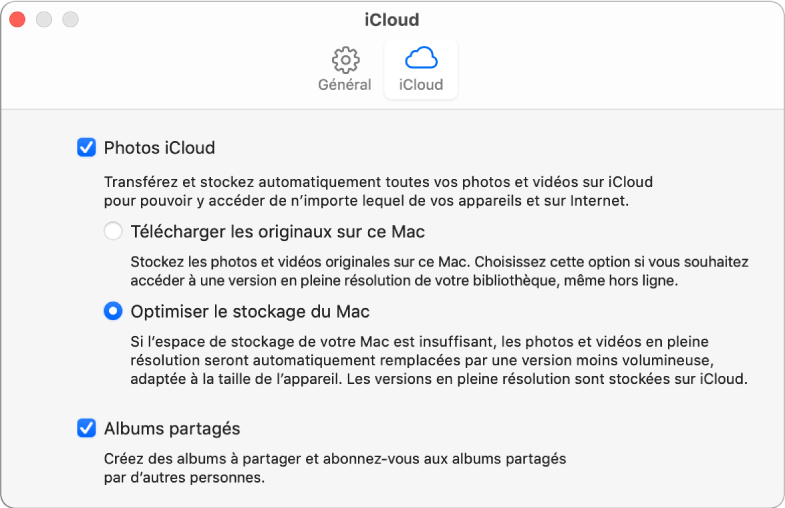 La sous-fenêtre iCloud des préférences Photos.