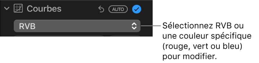 Les commandes de courbes dans la sous-fenêtre Ajuster, présentant le RVB sélectionné dans le menu contextuel.
