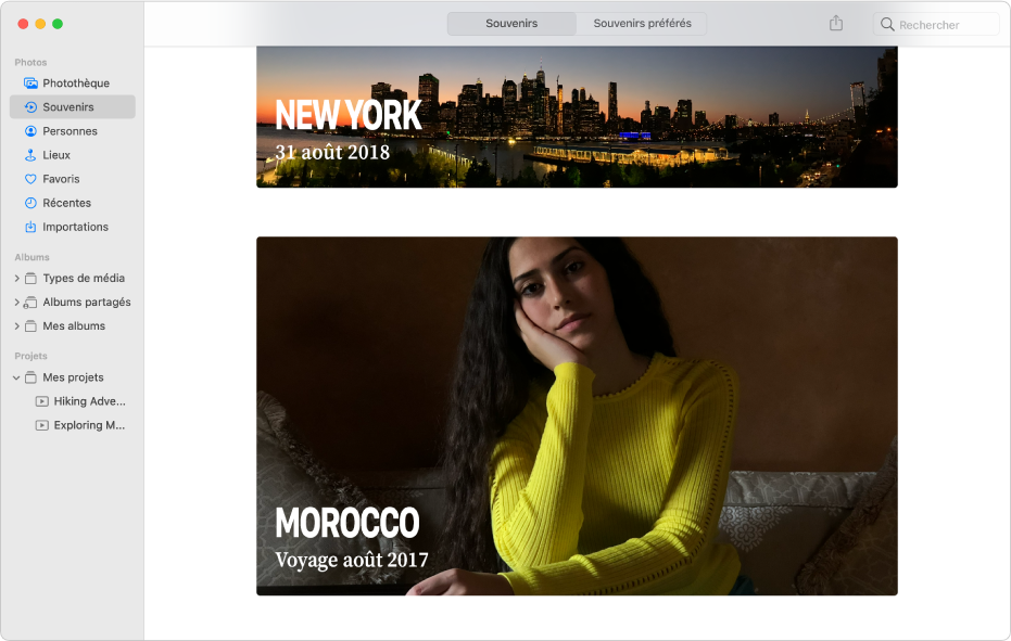 La fenêtre Photos affichant la section Souvenirs sélectionnée dans la barre latérale et deux souvenirs affichés dans la fenêtre.