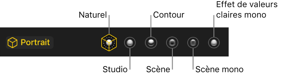 Choix d’effets d’éclairage en mode portrait, notamment (de gauche à droite) Naturel, Studio, Contour, Scène, Scène Mono et Effet de valeurs claires mono.
